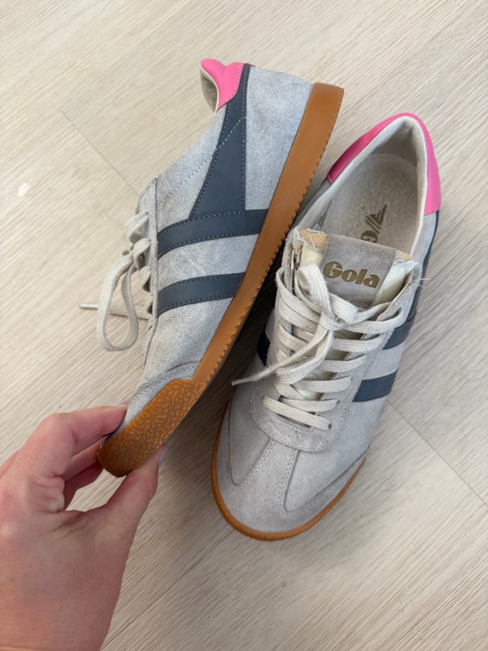 Gola Light Blue Suede Sneakers with Gray Stripes and Pink Heel
